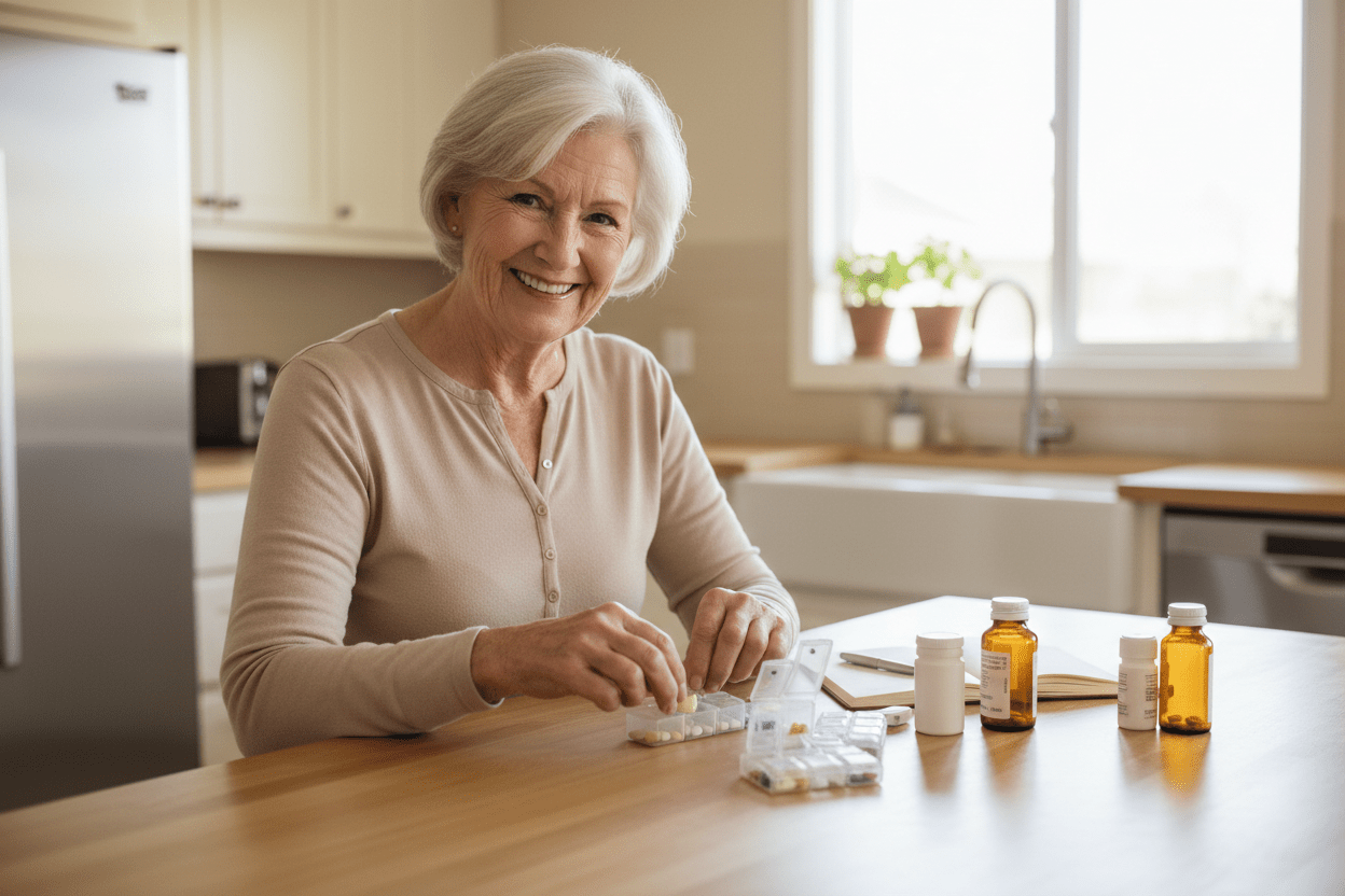 Older adult woman smiling while organizing her daily medications at a bright kitchen counter